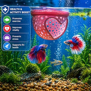May include: A vibrant aquarium scene featuring colorful betta fish and a small, yellow fish. A red, heart-shaped fish feeder floats above the fish. The image includes text that reads "Health & Activity Boost".