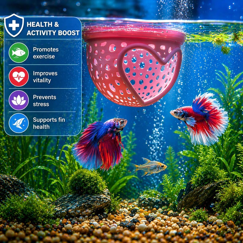 May include: A vibrant aquarium scene featuring colorful betta fish and a small, yellow fish. A red, heart-shaped fish feeder floats above the fish. The image includes text that reads "Health & Activity Boost".
