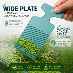 May include: A teal duckweed remover with a wide plate design and ergonomic handle. The tool is designed to maximize duckweed removal with an easy sweep. The image includes text that says "Wide Plate" and "Easy to Use".