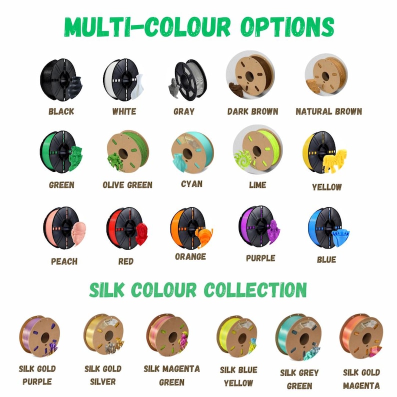 May include: Image displaying a range of 3D printing filament spools in various colours. The top section reads "MULTI-COLOUR OPTIONS", with colours including black, white, and grey. The bottom section, labelled "SILK COLOUR COLLECTION", shows silk gold and magenta options.