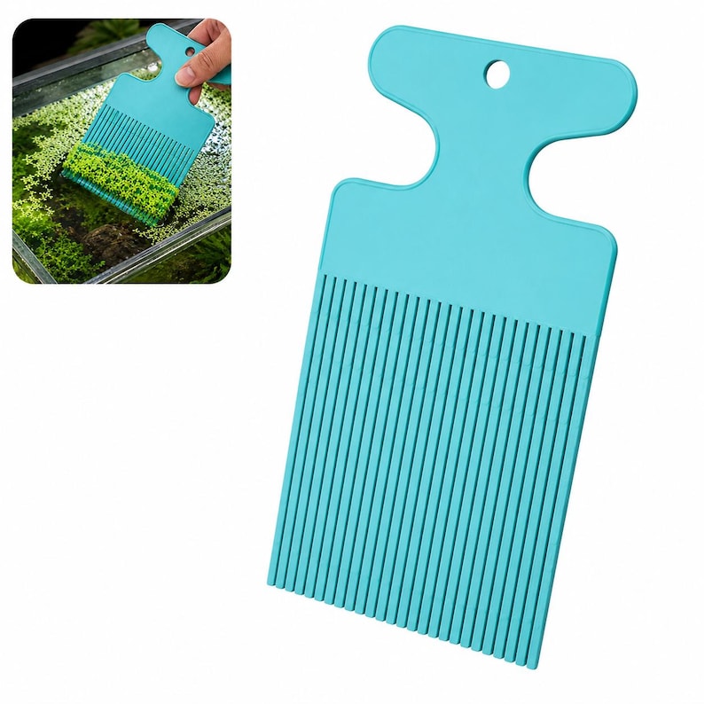 May include: A light blue aquarium cleaning tool with a comb-like design. The tool has a handle with a hole for hanging and is used to clean aquatic plants. The image shows the tool in use, removing algae from an aquarium.