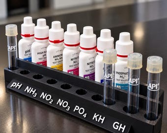 Aquarium Water Testing Organizer. 9 Bottle & Test Tube Holder, Fish Tank Test Kit Storage Rack, Compatible with API Testing Bottles