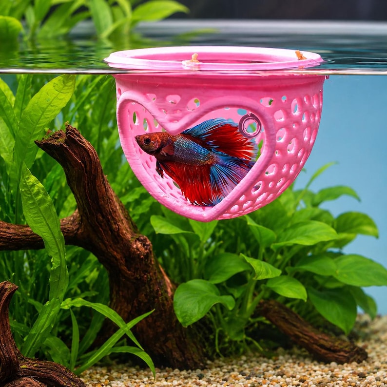 May include: A vibrant red and blue Betta fish inside a pink heart-shaped aquarium accessory. The accessory is suspended in water, surrounded by green plants and a piece of driftwood. The fish is the focal point.