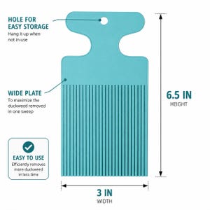 May include: A teal duckweed remover tool with a wide plate and a hole for easy storage. The tool is 6.5 inches in height and 3 inches in width. Text on the tool says "EASY TO USE" and "WIDE PLATE".