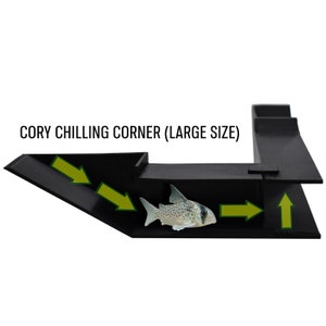 May include: A black plastic fish tank corner habitat with a Corydoras catfish swimming inside. The habitat has a ramp and a small opening for the fish to enter. The text "Cory Chilling Corner (Large Size)" is printed on the top of the habitat.