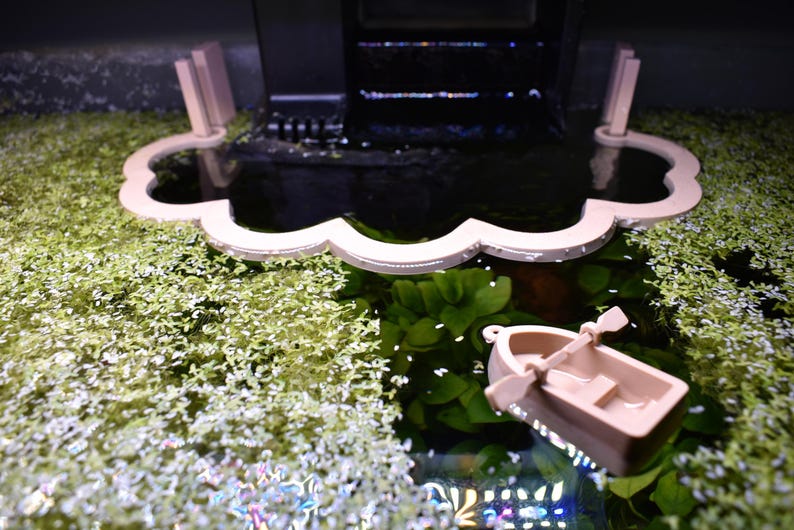 Puede incluir: Un corral flotante para plantas de acuario en forma de nube de color beige claro con borde festoneado y una peque&ntilde;a figura de bote de remos a juego con remos, ambos sobre la superficie del agua llena de plantas acu&aacute;ticas verdes y un filtro negro.