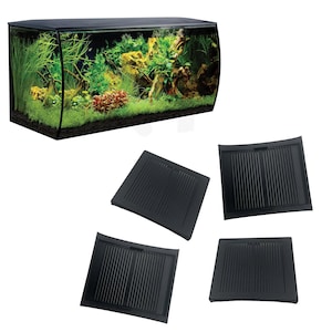 May include: A black aquarium with a curved front, filled with aquatic plants, rocks, and gravel. Four black, rectangular filter covers are also shown. The aquarium is designed to house fish and aquatic life.