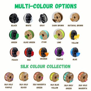 May include: Image showcasing a variety of 3D printing filament spools in multiple colors. The image includes options like black, white, gray, dark brown, natural brown, green, olive green, cyan, lime, yellow, peach, red, orange, purple, and blue.