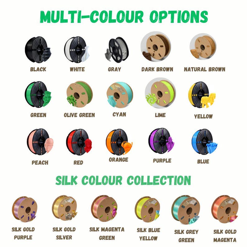 May include: Image showcasing a variety of 3D printing filament spools in multiple colors. The image includes options like black, white, gray, dark brown, natural brown, green, olive green, cyan, lime, yellow, peach, red, orange, purple, and blue.