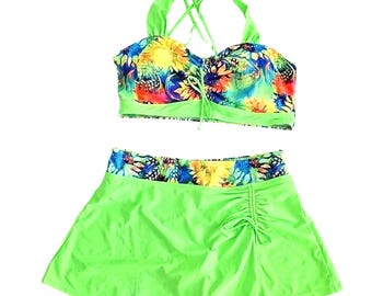 Neon Green with Multicolored Floral Pattern Two-piece Swimsuit w/Skirt Size XL