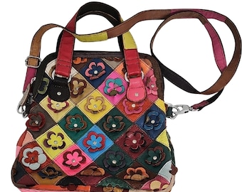 Vintage Leder Multi Color Floral Patchwork Umhängetasche Armtasche Fold Over