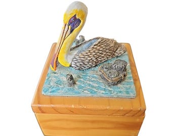 Wood Trinket Box With 3D Pelican In Water On Top 3.25" x 3.25" 4.25" Tall