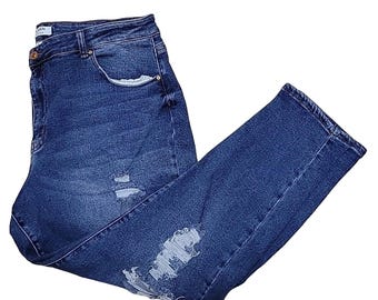Wax Jean Collection High Rise Distressed Straight Leg Jeans Med Blue Denim Sz 20