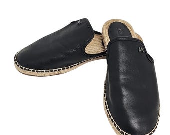 Sandalias Michael Kors MK sin cordones de piel negra con punta cerrada para mujer, talla 7.5