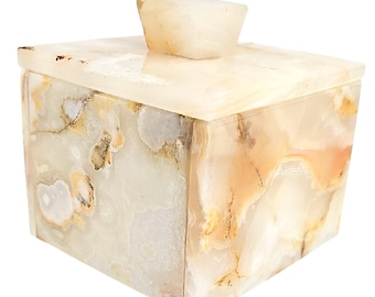 Vintage Luxurious Pakistan Cream Gold Orange Onyx Stone Box with Lid/Handle