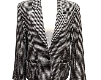 Adolfo International Vtg Black White Houndstooth Wool Blend Blazer Jacket Size 8
