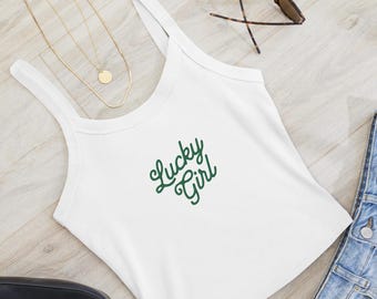 Lucky Girl Tank Crop Baby Tee Tank for St. Patrick's Day Crop Tank for Bar Crawl, Embroidered Crop Tank for St. Patty's Day Outfit Y2k Tank