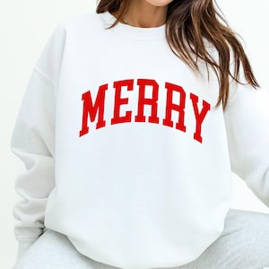 Merry Sweatshirt Varsity Text: Red Holiday Crewneck, Large Print Merry Sweatshirt for Christmas Party, Festive Sweatshirt for Christmas
