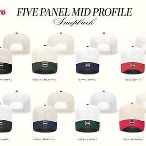 Op de afbeelding: Acht verschillende kleurencombinaties van een vijf-paneel snapback-pet met een middelhoog profiel. De pet is verkrijgbaar in zwart, wit, naturel, marine, groen en rood.