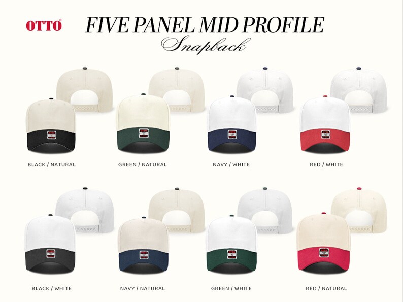 Op de afbeelding: Acht verschillende kleurencombinaties van een vijf-paneel snapback-pet met een middelhoog profiel. De pet is verkrijgbaar in zwart, wit, naturel, marine, groen en rood.