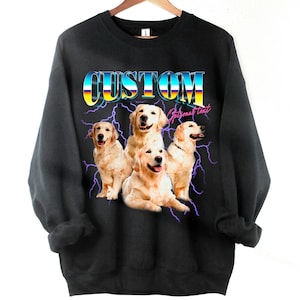 Felpa personalizzata con foto di cani, maglietta vintage anni '90 con foto bootleg, felpa con collage di foto di cani retrò, maglietta per animali domestici personalizzata con grafica anni '90