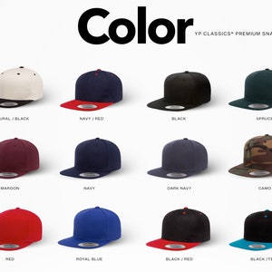 Puede incluir: Una selecci&oacute;n de 12 gorras de b&eacute;isbol de diferentes colores con una variedad de combinaciones de colores. Las gorras son todas de visera plana y tienen un cierre a presi&oacute;n. Los colores incluyen natural, negro, azul marino, rojo, granate, azul oscuro, camuflaje, azul real y turquesa.