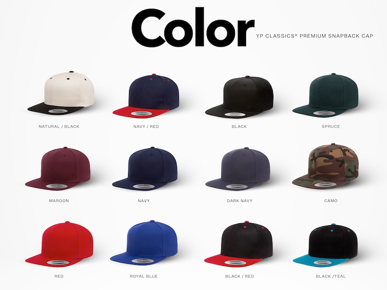Puede incluir: Una selecci&oacute;n de 12 gorras de b&eacute;isbol de diferentes colores con una variedad de combinaciones de colores. Las gorras son todas de visera plana y tienen un cierre a presi&oacute;n. Los colores incluyen natural, negro, azul marino, rojo, granate, azul oscuro, camuflaje, azul real y turquesa.
