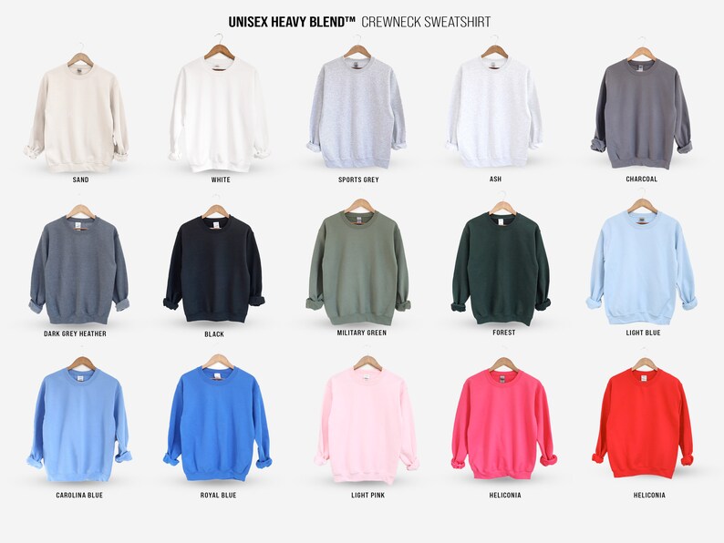 May include: A range of crewneck sweatshirts in a variety of colours, including sand, white, sports grey, ash, charcoal, dark grey heather, black, military green, forest, light blue, carolina blue, royal blue, light pink, and heliconia.