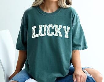 Lucky Poka Dot Shirt, St. Patrick's Day Poka Dot Text Shirt for St. Patty's Day Lucky Poka Dot Shirt, Green Poka Dot Shirt for Her