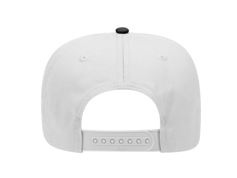 May include: A white snapback hat with a black button on top and a white adjustable strap. The hat is made of a durable fabric and features a classic, flat brim design. The back of the hat is visible, showing the adjustable strap.