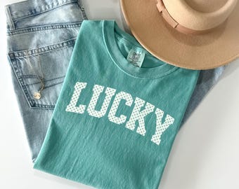 Poka Dot Lucky Shirt, St. Patrick's Day Poka Dot Text Shirt for St. Patty's Day Lucky Poka Dot Shirt, Green Poka Dot Shirt for Her