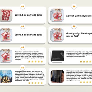 May include: A collage of customer reviews for a clothing and merchandise shop. The reviews are positive and feature images of the products, including a sweatshirt with the text "Taylor's Boyfriend", a mug with the text "Lover Him Was Red", and a dartboard.