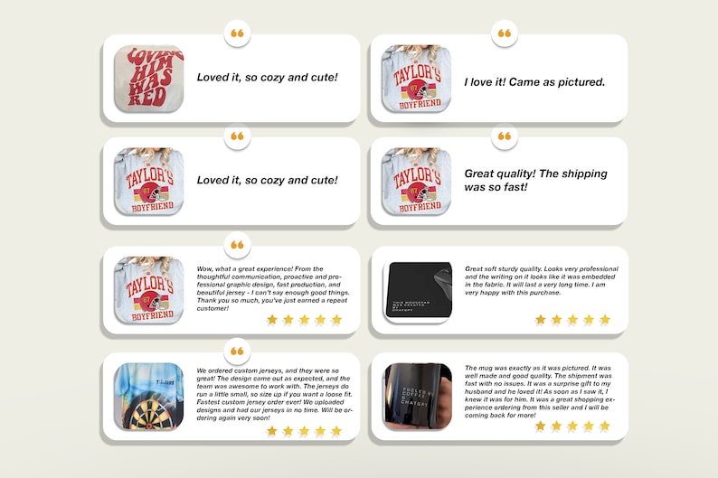 May include: A collage of customer reviews for a clothing and merchandise shop. The reviews are positive and feature images of the products, including a sweatshirt with the text "Taylor's Boyfriend", a mug with the text "Lover Him Was Red", and a dartboard.