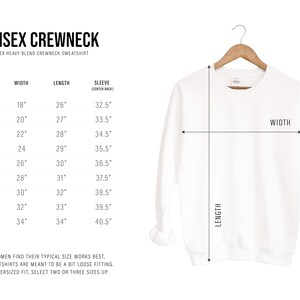 May include: Size chart for a unisex crewneck sweatshirt. The chart shows measurements in inches for width, length, and sleeve length for sizes XS to 5XL.