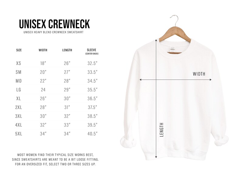 May include: Size chart for a unisex crewneck sweatshirt. The chart shows measurements in inches for width, length, and sleeve length for sizes XS to 5XL.