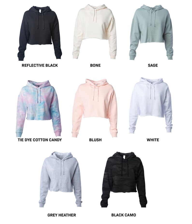 May include: Nine cropped hoodies in various colors and patterns, including reflective black, bone, sage, tie dye cotton candy, blush, white, grey heather, and black camo.