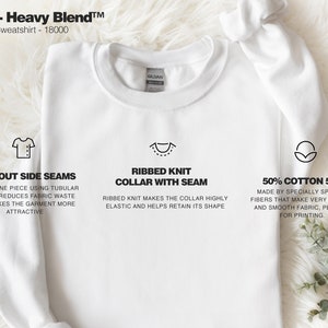 May include: A white Gildan Heavy Blend crewneck sweatshirt with a ribbed knit collar and side seams. The text "Gildan - Heavy Blend&trade; Crewneck Sweatshirt - 18000" is printed at the top of the image. The text "WITHOUT SIDE SEAMS", "RIBBED KNIT COLLAR WITH SEAM", and "50% COTTON 50%" is printed below the image of the sweatshirt.