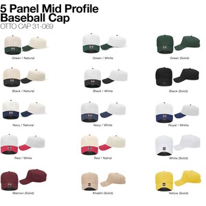 May include: A collection of 5 Panel Mid Profile Baseball Caps by OTTO CAP 31-069, displayed in various solid and two-tone color combinations including green, white, black, navy, royal, red, maroon, khaki, and yellow, shown from front and side angles.