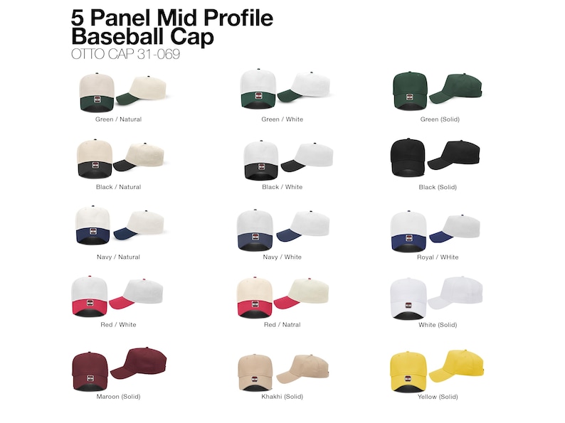 May include: A collection of 5 Panel Mid Profile Baseball Caps by OTTO CAP 31-069, displayed in various solid and two-tone color combinations including green, white, black, navy, royal, red, maroon, khaki, and yellow, shown from front and side angles.