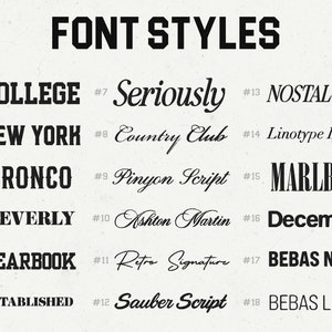 May include: A graphic showing 18 different font styles with their names and numbers. The font styles range from bold and blocky to cursive and script.