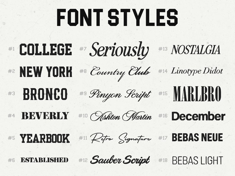 May include: A graphic showing 18 different font styles with their names and numbers. The font styles range from bold and blocky to cursive and script.