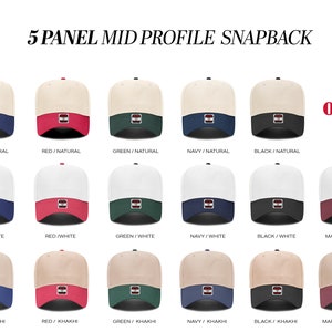 May include: A set of 18 baseball caps in various color combinations. The caps are all 5-panel mid profile snapbacks. The colors include royal blue, red, green, navy blue, black, and maroon. The caps are shown with different colored brims, including natural, white, and khaki.