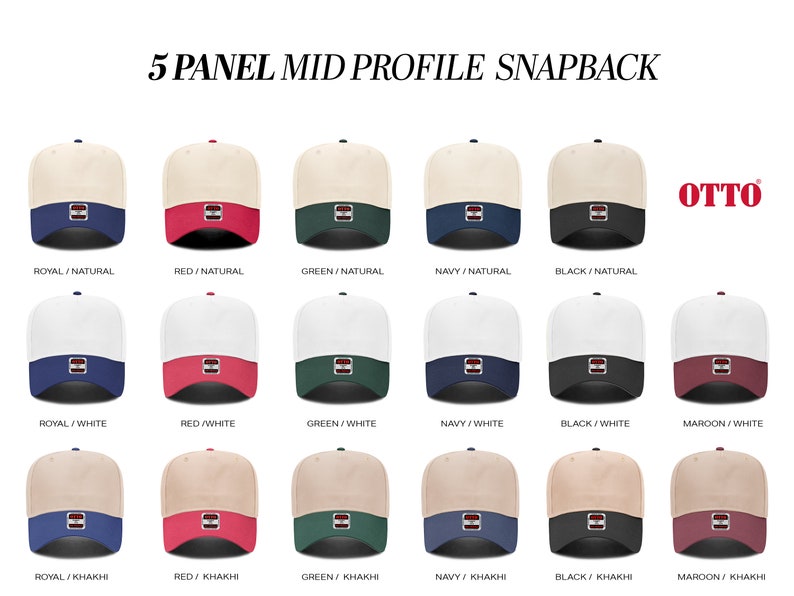 May include: A set of 18 baseball caps in various color combinations. The caps are all 5-panel mid profile snapbacks. The colors include royal blue, red, green, navy blue, black, and maroon. The caps are shown with different colored brims, including natural, white, and khaki.