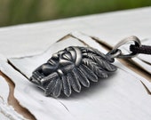 Native American Indian Chief Head Necklace, Navajo Indian Tribal Pendant, Oxidized Silver Indian Chief Face Chunky Pendant, Injun Necklace