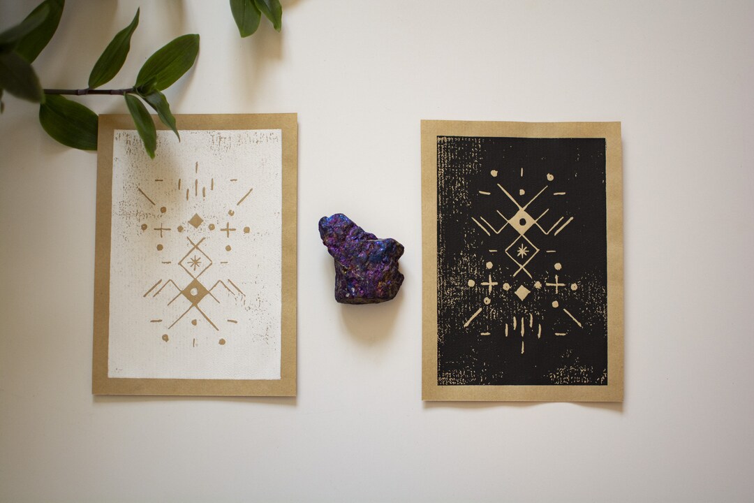 Duo of Linocuts kashkuli A6 Format Printing Black and White Ink on