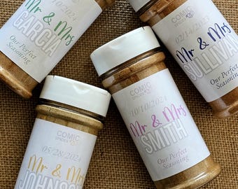 Personalized Wedding Favor Spice Jars: Custom Comic Spices Flavors - Mr & Mrs