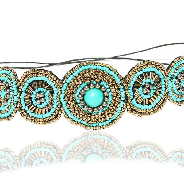 Turquoise Blue and Cream Stone Beaded Headband Elastic Stretch Headwrap with Style Guide 20 Different Ways to Wear