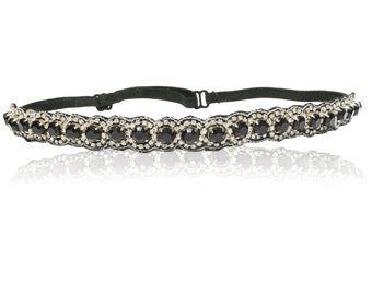 Great Gatsby Stirnband In Schwarz mit Diamant Akzent Gatsby Flapper 1920 Strass und Perlen Stirnband mit Ribbon Ties Band