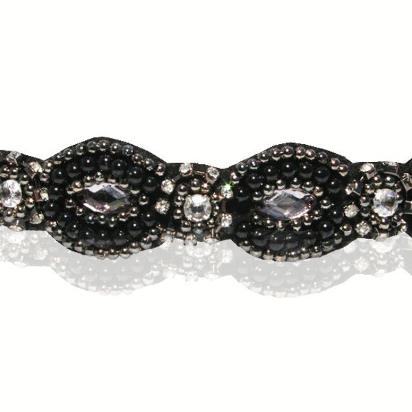 Great Gatsby Headband In Black with Diamond Accent Gatsby Flapper 1920's Rhinestone and Beaded Headband. Adjustable Band to Fit Any Head.