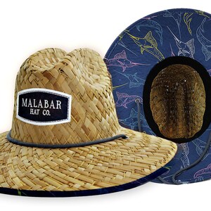 Sailfish Fabric Pattern Print Straw Sunhat Men & Women, Lifeguard Hat, Beach, Swim, Cruise, Paddle Board, Boat, Fishing, Malabar Hats